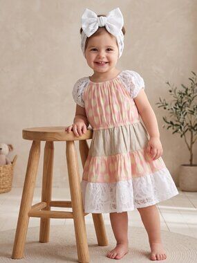 NWOT | Star Vixen Pink & Yellow Tiered Dress | White Lace Headband | Size 24M